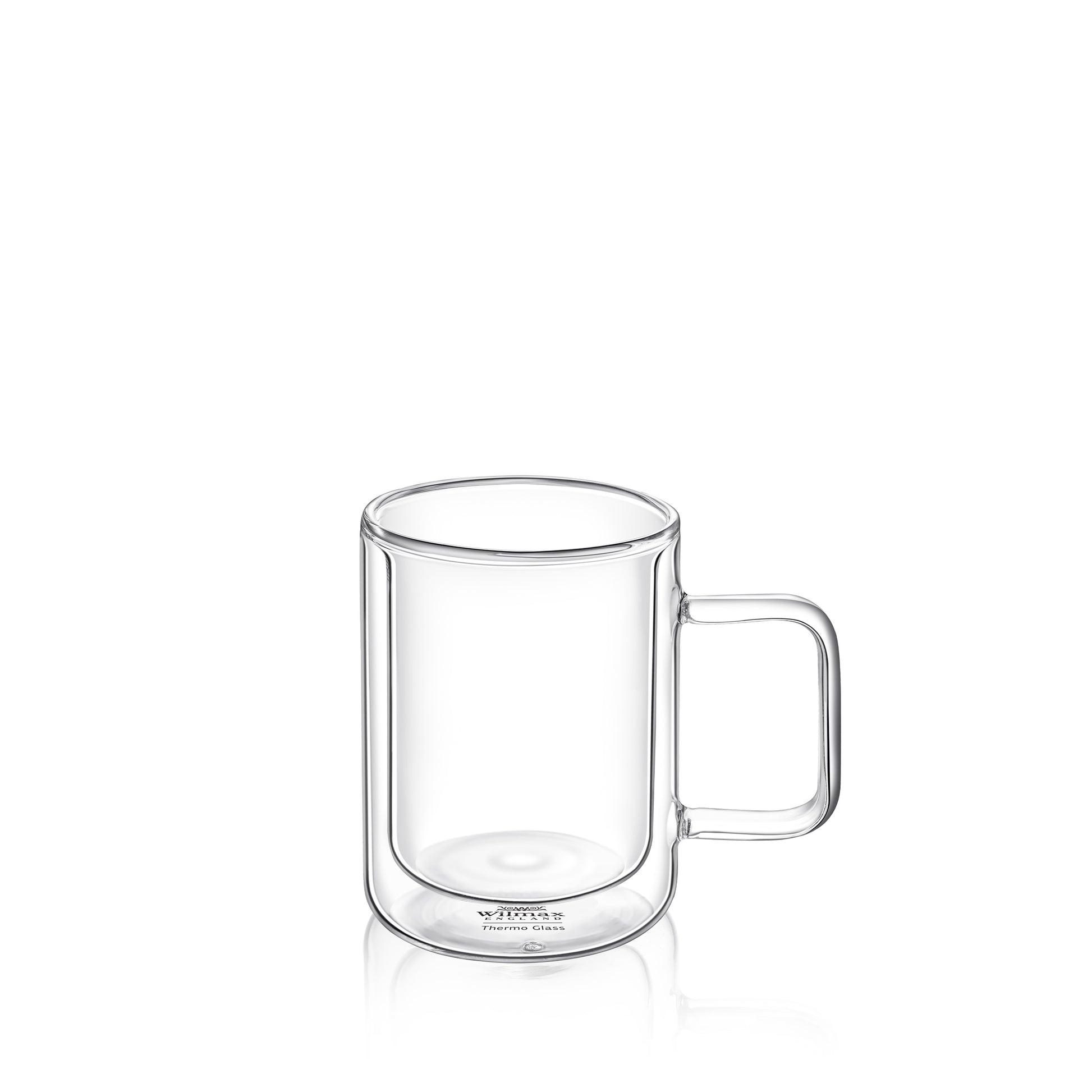 A clear double-walled glass mug with a 300ml capacity, featuring a straight cylindrical shape and a square handle. The design provides insulation to maintain beverage temperature while keeping the exterior cool to the touch. Designed by Wilmax England, it reflects a sleek and modern aesthetic.