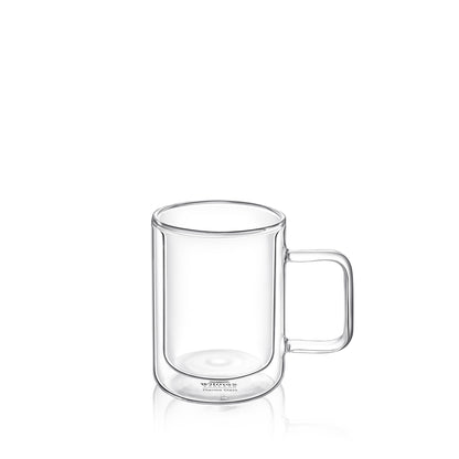 A clear double-walled glass mug with a 300ml capacity, featuring a straight cylindrical shape and a square handle. The design provides insulation to maintain beverage temperature while keeping the exterior cool to the touch. Designed by Wilmax England, it reflects a sleek and modern aesthetic.