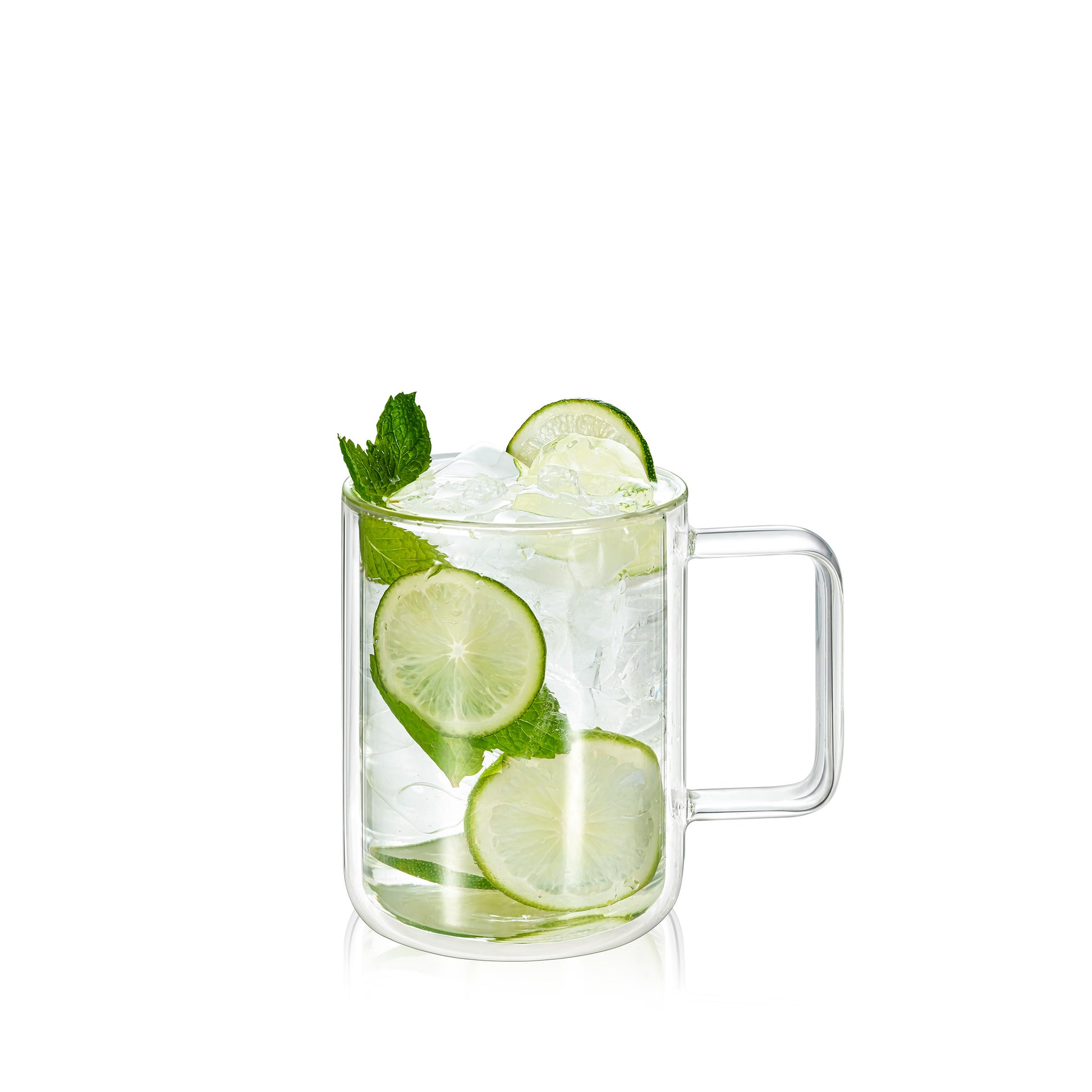 A clear double-walled glass mug with lemonade or ice tea with ice and fresh lemon and lime and mint. A 300ml capacity, featuring a straight cylindrical shape and a square handle. The design provides insulation to maintain beverage temperature while keeping the exterior cool to the touch. Designed by Wilmax England, it reflects a sleek and modern aesthetic.