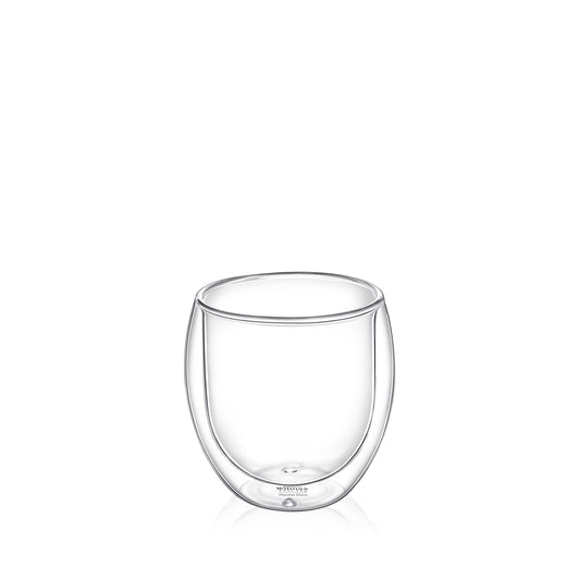 A clear, double-walled Wilmax England Thermo Glass with a 300ml capacity, made from heat-resistant borosilicate glass. The design keeps beverages hot or cold for longer and prevents the outer surface from feeling too hot or cold. The transparent glass allows the contents to be visible. It is shown against a plain white background.