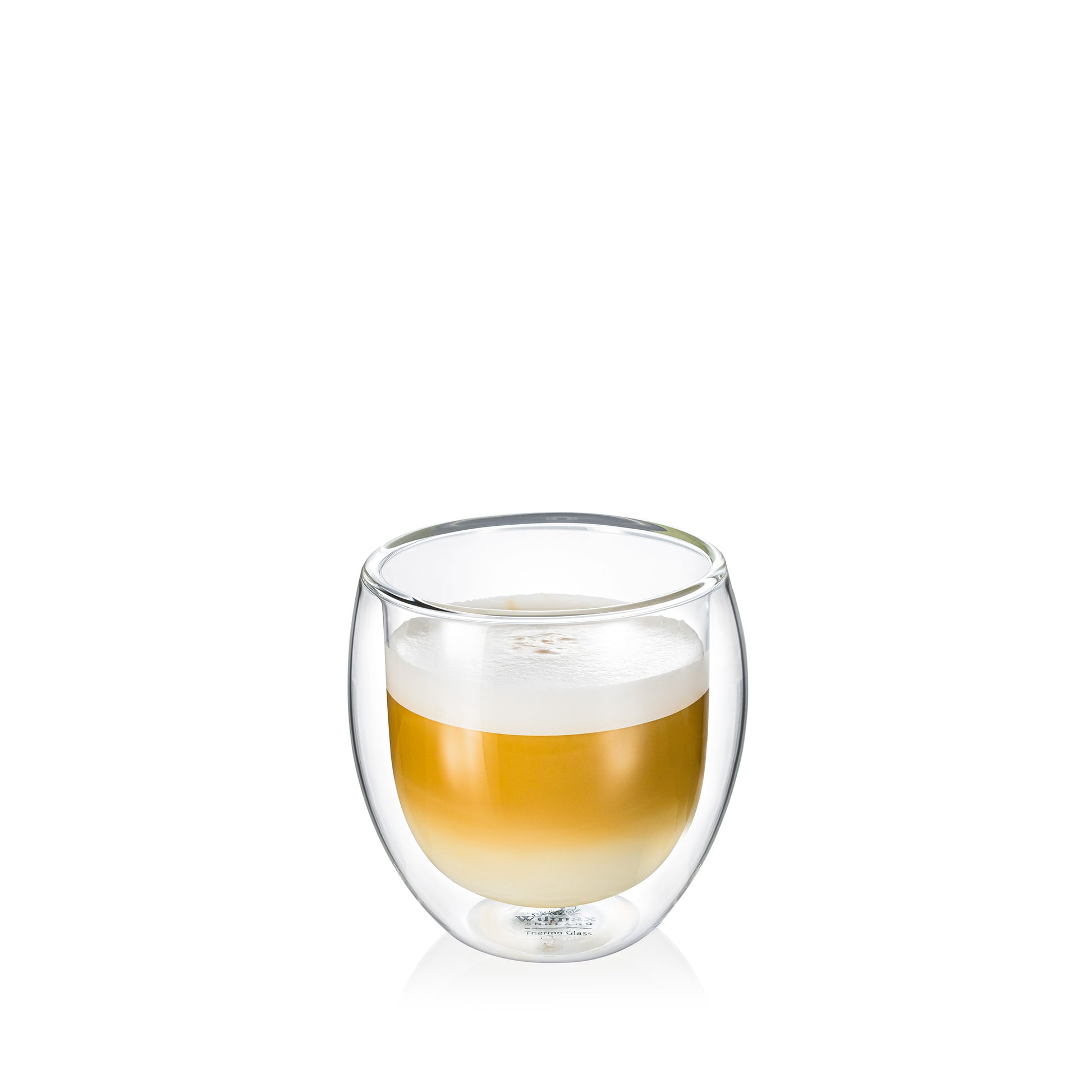 A clear, double-walled Wilmax England Thermo Glass with coffee in it. Has a 300ml capacity, made from heat-resistant borosilicate glass. The design keeps beverages hot or cold for longer and prevents the outer surface from feeling too hot or cold. The transparent glass allows the contents to be visible. It is shown against a plain white background