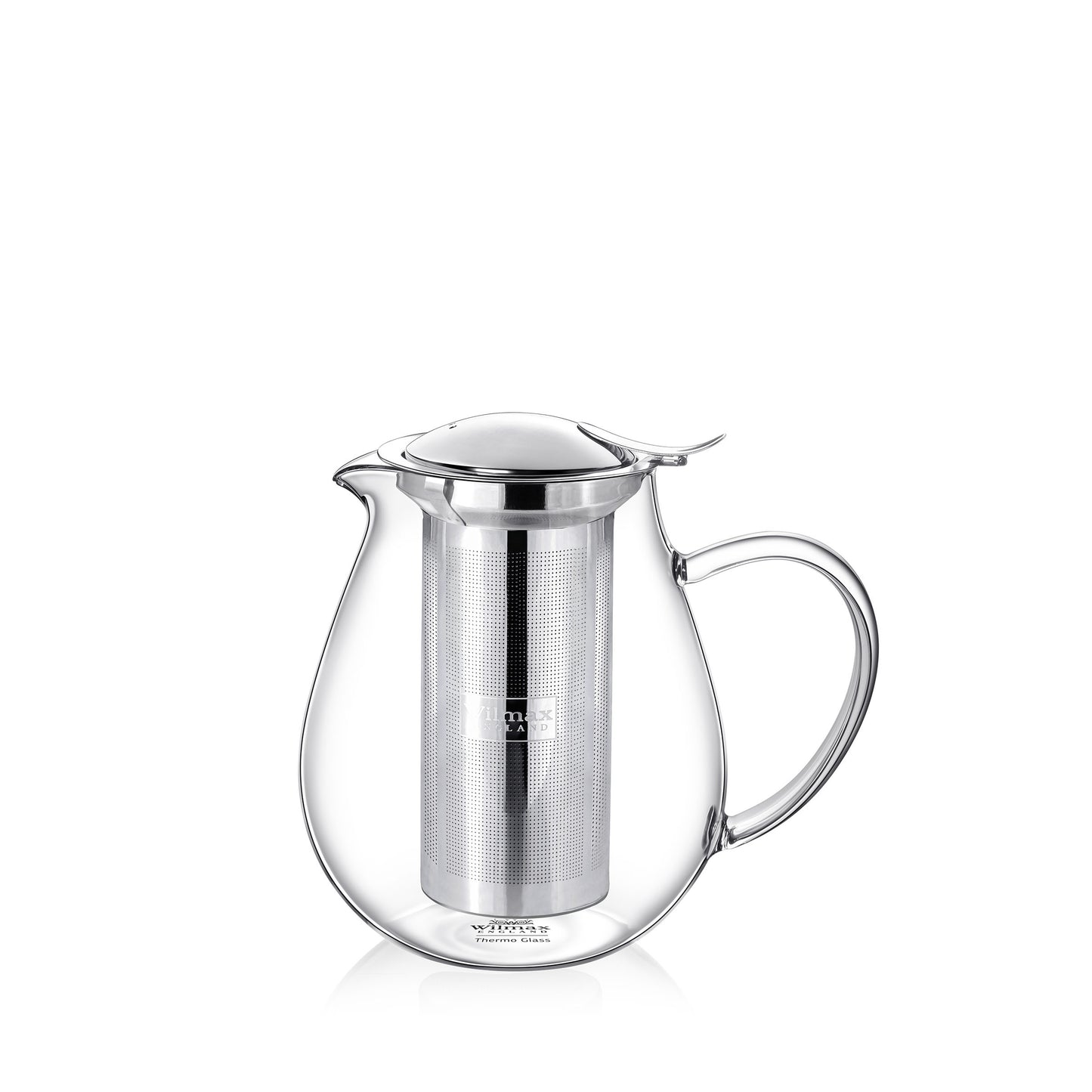 A clear glass teapot with a curved, modern design, featuring a stainless steel infuser and lid. The teapot has a 600ml capacity and an elegant handle for easy pouring. Designed by Wilmax England, it combines functionality with a sleek and contemporary style.