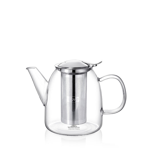 A transparent glass teapot with a stainless steel lid and infuser, designed in a clean and modern style. The teapot has a 600ml capacity, a spout for precise pouring, and a curved handle for easy handling. Ideal for brewing loose-leaf tea, tea infusuions or tea bags, designed by Wilmax England.