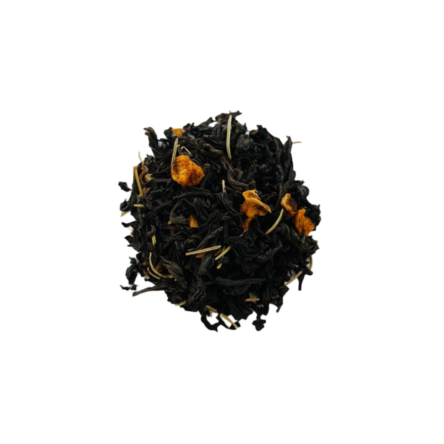 A close-up image of loose-leaf tea, featuring dark black tea leaves mixed with warm golden-brown cinnamon pieces and small dried apple chunks, representing the CalmCaf Cinnamon Apple Black Tea Goat Tea blend.